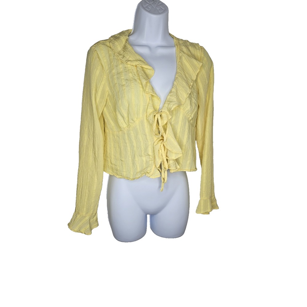 Yellow Ruffle Tie Front Blouse Long Sleeve Sheer Striped Top Women'sâ